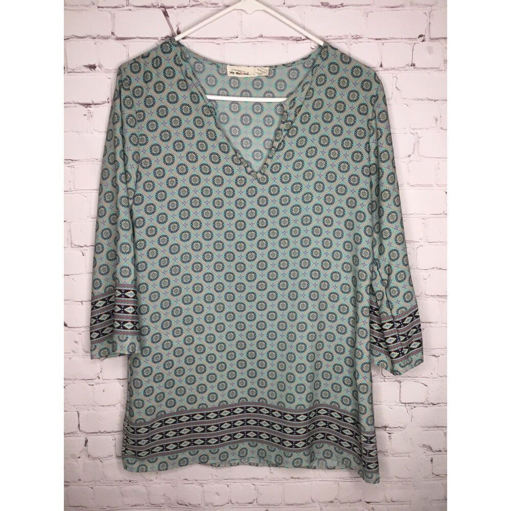 Anthropologie My Beloved Tunic Boho Green Top Silky V-neck Size Small‎
